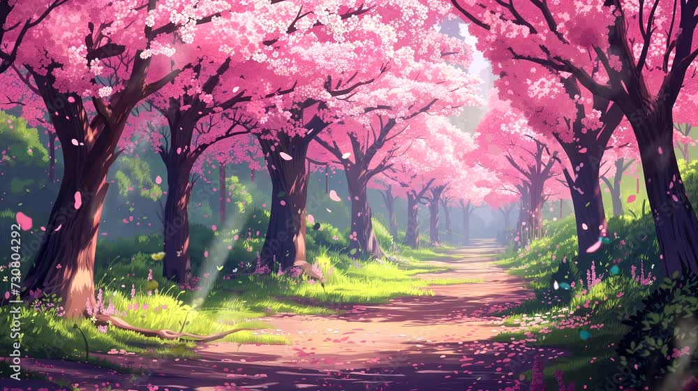 An enchanting cherry blossom grove during the peak of spring. Fantasy landscape anime or cartoon style, seamless looping 4k time-lapse virtual video animation background An enchanting cherry blossom grove during the peak of spring. Fantasy landscape anime or cartoon style, seamless looping 4k time-lapse virtual video animation background