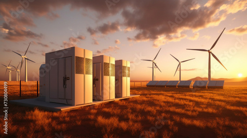 Battery energy storage system with wind turbines and solar. © tong2530