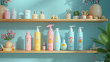 mockup of a colorful and fun shampoo bottle with a cartoon character and a catchy slogan, placed on a wooden shelf with other hair care products and accessories on a blue background. 