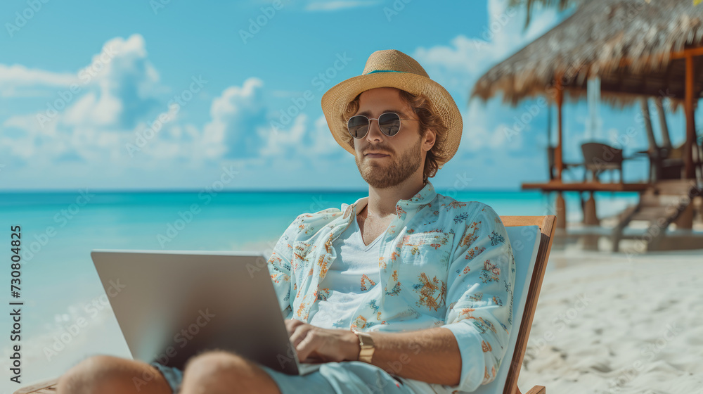 A man in a straw hat and sunglasses sitting on a beach chair working on a laptop with the ocean in the background.  Ai generative
