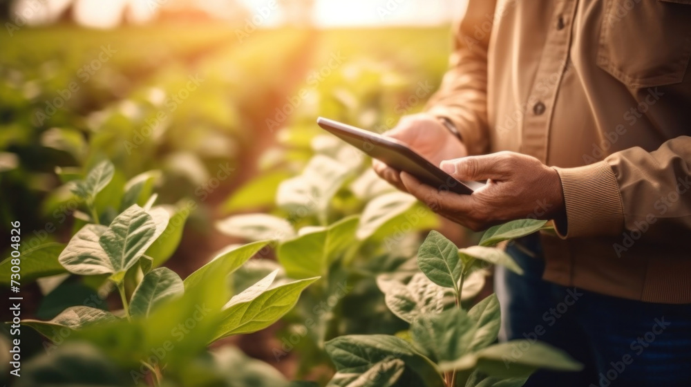 Close up hand of a male farmer holding tablet on soybean farm agricultural field, Technology agriculture farming concept.