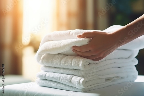 Close up hand of a professional chambermaid putting stack of fresh towels in hotel room.