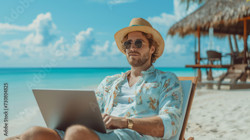 A man in a straw hat and sunglasses sitting on a beach chair working on a laptop with the ocean in the background. Ai generative