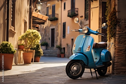 Relaxed atmosphere of a serene Italian town, featuring a solitary blue scooter parked along the quiet streets, evoking a sense of peaceful living