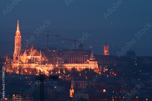 Aerial view of the famous royal palace "Budavári Palota" at night, Budapest, Hungary