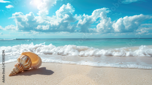 A solitary seashell rests on the sand as gentle waves and sunshine create a serene beach scene.