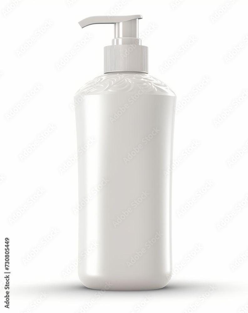 White cosmetic bottle with dispenser without a label on a white background. Bottle for mockup, copyspace, minimalism White cosmetic bottle with dispenser without a label on a white background. Bottle for mockup, copyspace, minimalism