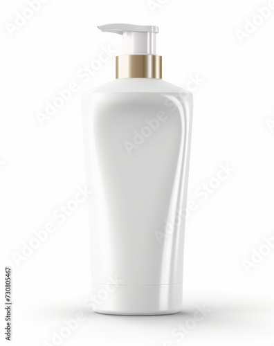 White cosmetic bottle with dispenser without a label on a white background. Bottle for mockup, copyspace, minimalism