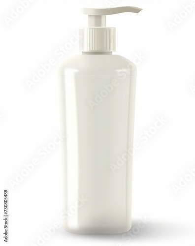 White cosmetic bottle with dispenser without a label on a white background. Bottle for mockup, copyspace, minimalism