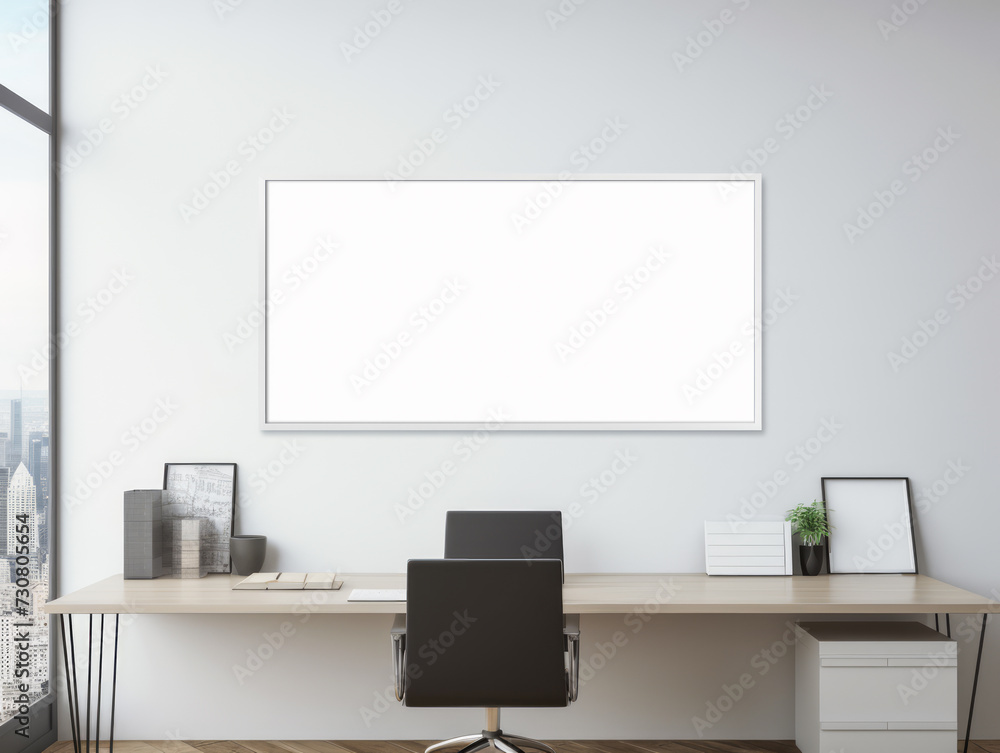 An empty white framed canvas or poster is displayed on a wall within a modern office interior. Ai generative