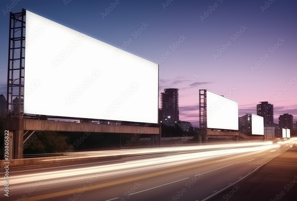 Blank billboard on the highway during the twilight with city background with clipping path on screen for display your products or promotional