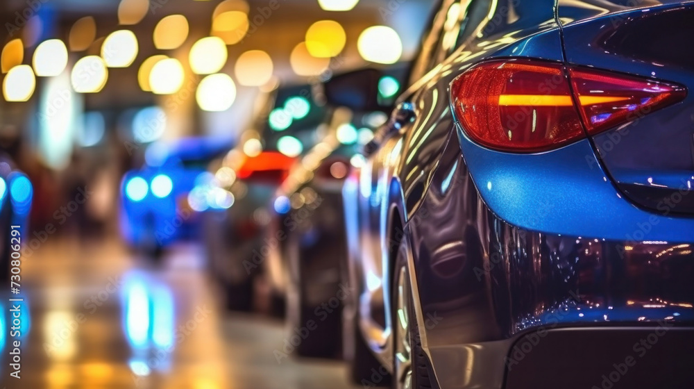 Close up of New cars display in luxury showroom with light bokeh in motor show event.