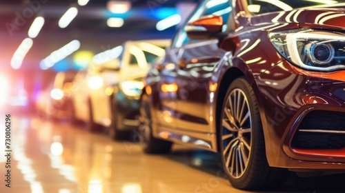 Close up of New cars display in luxury showroom with light bokeh in motor show event.