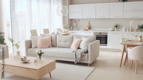 interior design spacious bright studio apartment in Scandinavian style and warm pastel white and beige colors. trendy furniture in the living area and modern details in the kitchen area © wiparat
