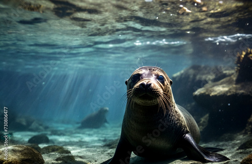 Galapagos fur seal (Arctocephalus galapagoensis) swimming in tropical underwaters. Lion seal in under water world. Observation of wildlife ocean. Scuba diving adventure in Ecuador coast. Copy space