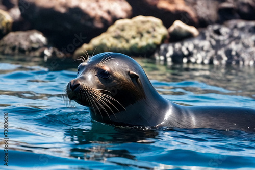Galapagos fur seal (Arctocephalus galapagoensis) swimming in tropical underwaters. Close up lion seal in under water world. Observation of wildlife ocean. Scuba diving adventure in Ecuador coast