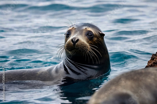 Galapagos fur seal (Arctocephalus galapagoensis) swimming in tropical underwaters. Close up lion seal in under water world. Observation of wildlife ocean. Scuba diving adventure in Ecuador coast