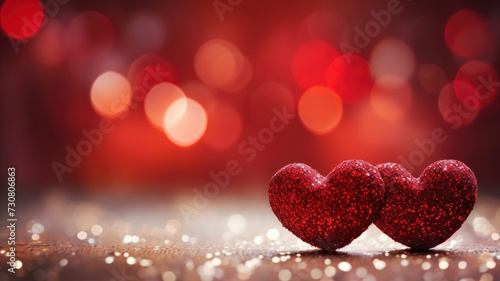 The red Heart shapes on abstract light glitter background in love concep