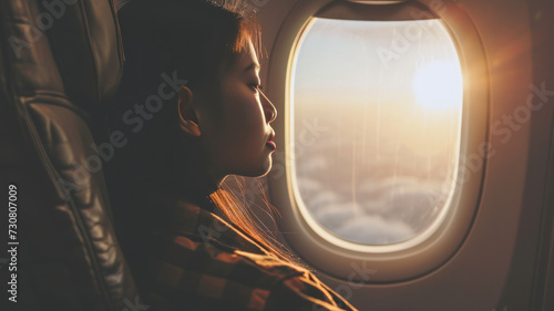 woman sitting in a seat in airplane and looking out the window going on a trip vacation travel concept