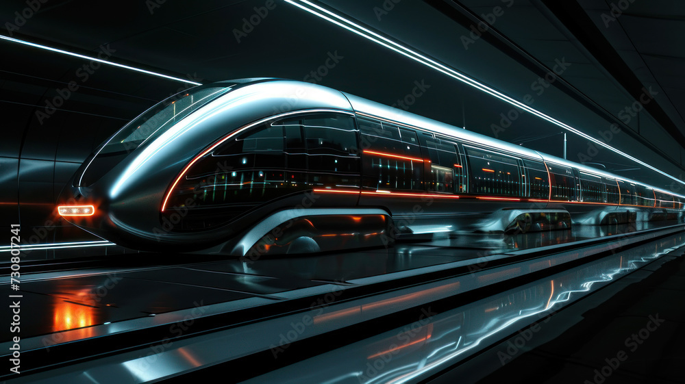 fast modern express passenger train high speed railway hyperloop moving flash light Futuristic technology hi tech future digital transport hyperloop concept - obrazy, fototapety, plakaty 
