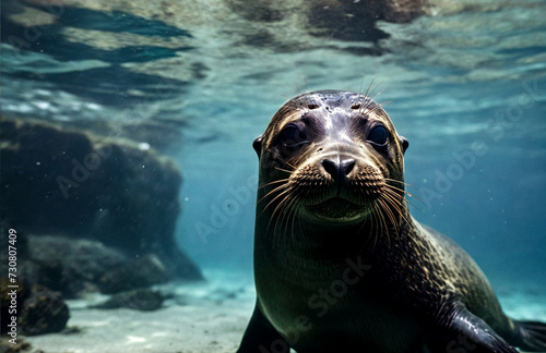 Galapagos fur seal (Arctocephalus galapagoensis) swimming at camera in tropical underwaters. Lion seal in under water world. Observation of wildlife ocean. Scuba diving adventure in Ecuador coast