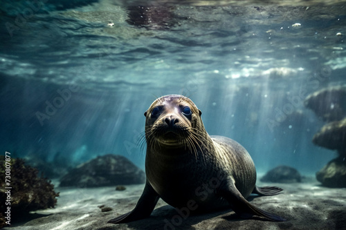Galapagos fur seal (Arctocephalus galapagoensis) swimming in tropical underwaters. Lion seal in under water world. Observation of wildlife ocean. Scuba diving adventure in Ecuador coast