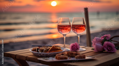 Romantic sunset dinner on the beach. Table honeymoon set for two with luxurious food, glasses of rose wine drinks in a restaurant with sea view.