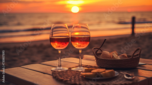 Romantic sunset dinner on the beach. Table honeymoon set for two with luxurious food, glasses of rose wine drinks in a restaurant with sea view.