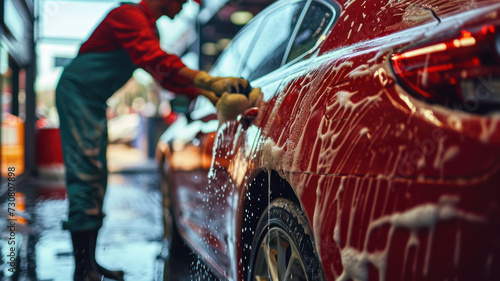 Worker washing red car with sponge on a car wash photo