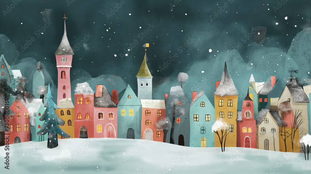 Christmas illustration of snowy city
