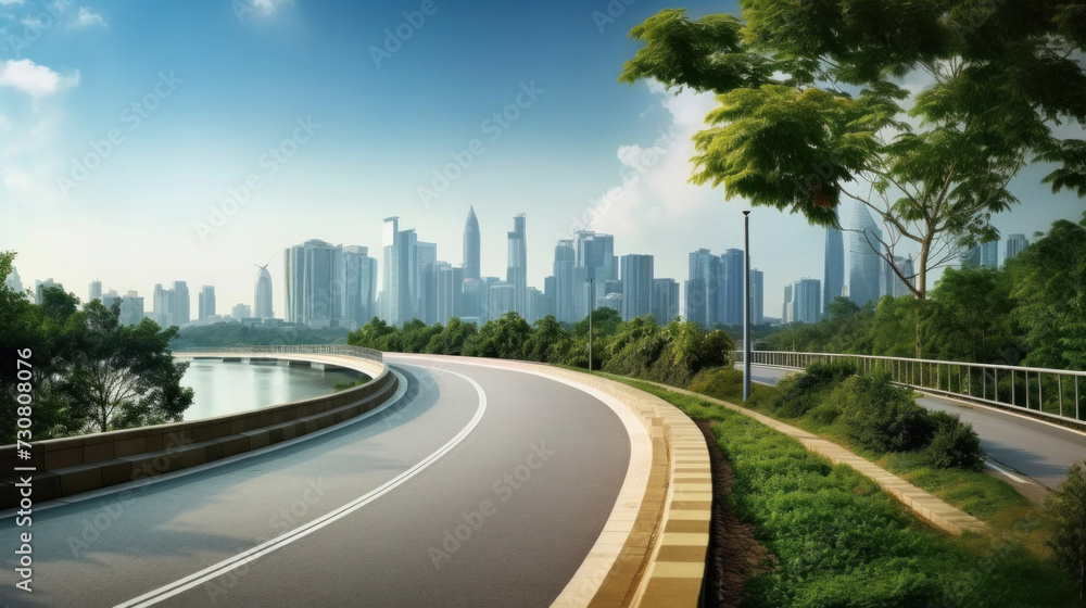 Φωτογραφία View of Empty road highway with lake garden and modern city skyline in background