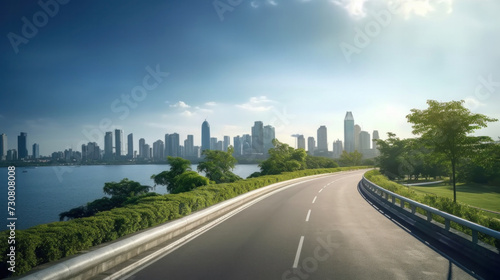 View of Empty road highway with lake garden and modern city skyline in background. © tong2530