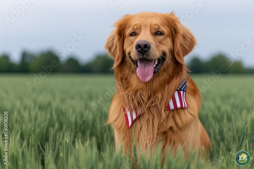 Golden Retriever with American Flag Bandana: A Celebration of Patriotism and Pet Love Generative AI photo