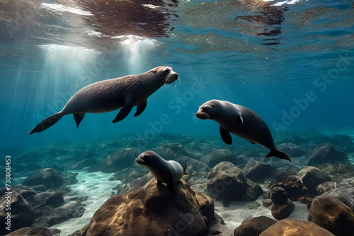 Galapagos fur seal (Arctocephalus galapagoensis) lion swimming in tropical underwaters. Fur seal in underwater world. Observation of wildlife ocean. Scuba diving adventure in Ecuador coast. Copy space