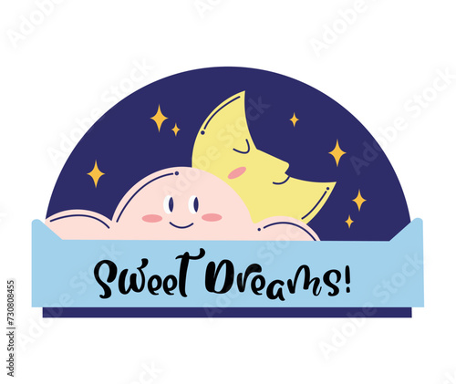 Sticker of colorful set. An enchanting artwork feature the text "sweet dreams" designed with intricate details against a soothing white backdrop. Vector illustration.
