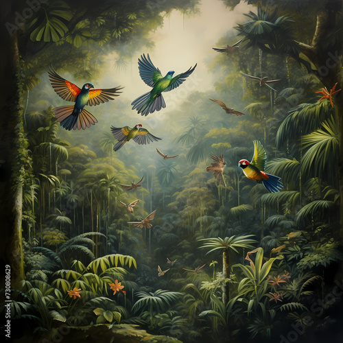 Rainforest canopy with exotic birds in flight.