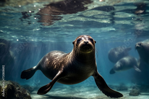 Galapagos fur seal (Arctocephalus galapagoensis) lion swimming in tropical underwaters. Fur seal in underwater world. Observation of wildlife ocean. Scuba diving adventure in Ecuador coast. Copy space