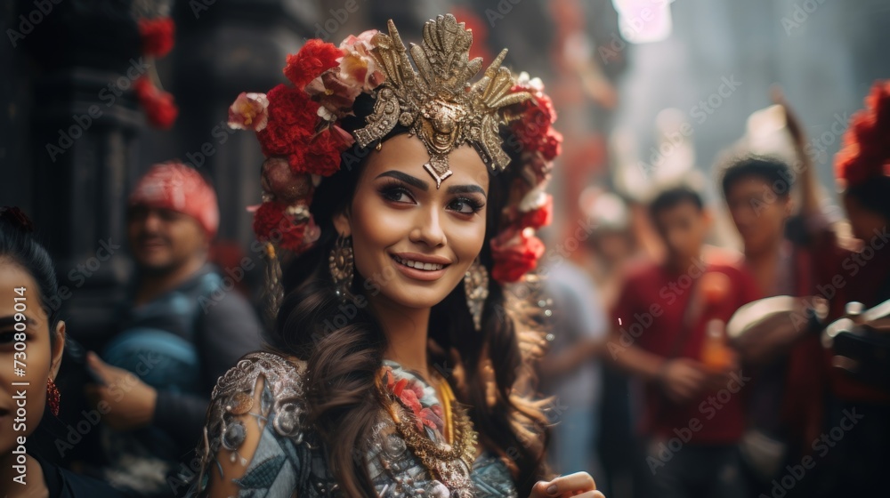 Beautiful woman with model looks, capturing creative moments at the winter festival in Bali.