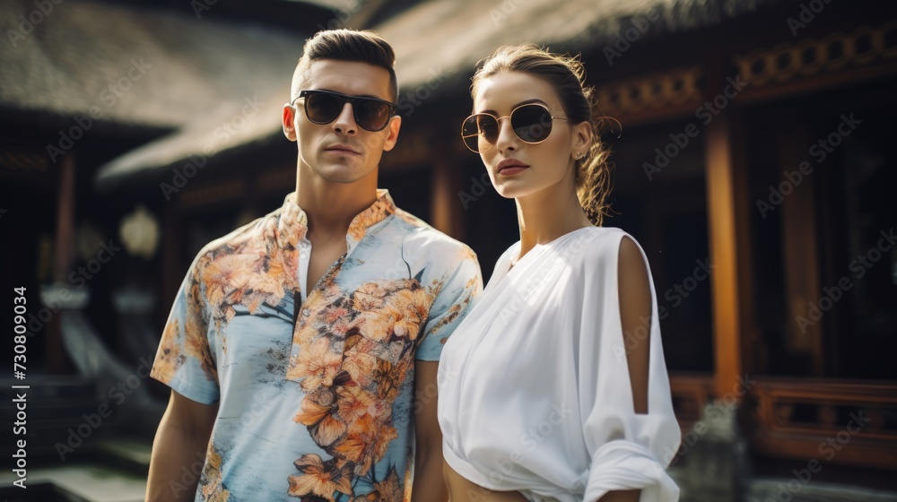 Beautiful couple with model looks, showcasing trendy couple's fashion on their Bali adventures.