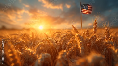 Golden Harvest: A Sunset of Wheat and the American Flag Generative AI