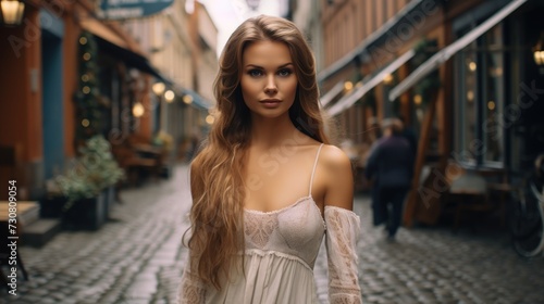Beautiful woman with a model-like appearance wandering the ancient streets of Helsinki.