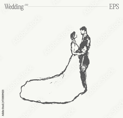 Bride and groom at the wedding ceremony. Hand drawn vector illustration, sketch.