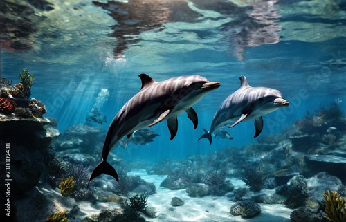 Dolphin (Delphinidae) mammal swimming in tropical underwaters. Two Dolphins in underwater wild world. Observation of wildlife ocean. Scuba diving adventure in Ecuador coast. Copy text space
