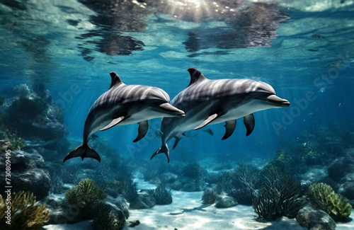 Dolphin  Delphinidae  mammal swimming in tropical underwaters. Two Dolphins in underwater wild world. Observation of wildlife ocean. Scuba diving adventure in Ecuador coast. Copy text space