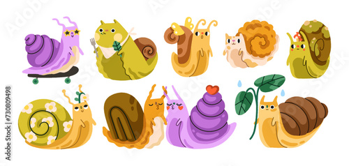 Cute funny snails, slow slugs set. Slimy animal, happy kawaii baby characters with spiral shell houses, horns. Childish fauna. Kids childrens flat vector illustrations isolated on white background