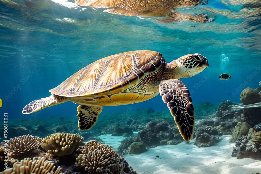 Green sea Turtle (Testudines) mammal swimming in tropical underwaters. Turtles in underwater wild animal world. Observation of wildlife ocean. Scuba diving adventure in Ecuador coast