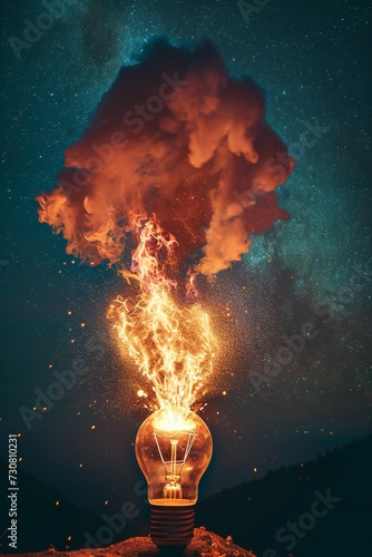 Creative burning light bulb rocket with blast.