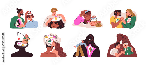 Psychology mental concepts set. Learn inner world, mind, self, understanding other personalities. Individuality acceptance. Psychological flat graphic vector illustrations isolated on white background