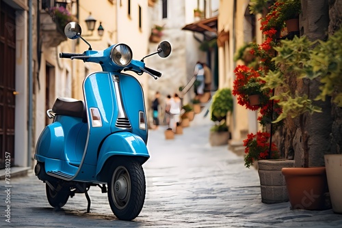 Scenic view of a blue scooter parked on the charming streets of an Italian town  capturing the essence of a leisurely day in a quaint setting