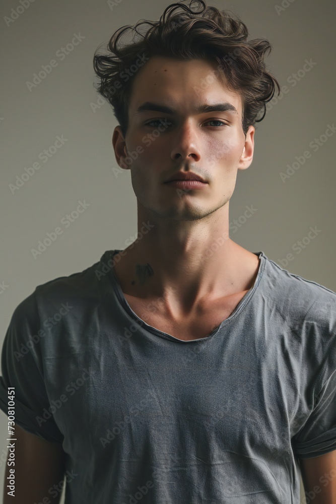 Obraz premium Fresh portrait of a beautiful young model man in a green .lush environment.
